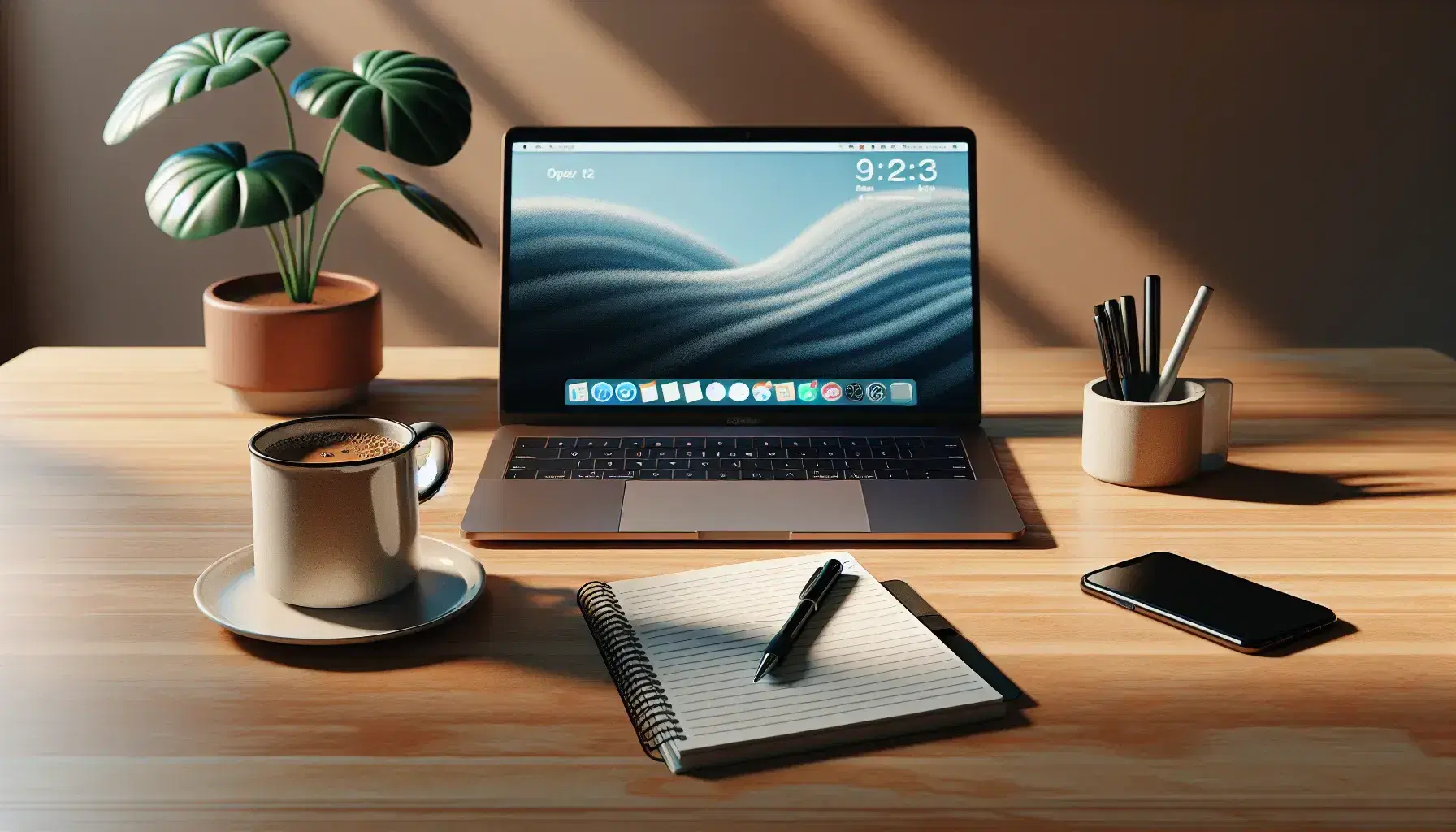 Escritorio de madera con portátil abierto, taza de café, cuaderno espiral, bolígrafo, smartphone y gafas, planta desenfocada al fondo.
