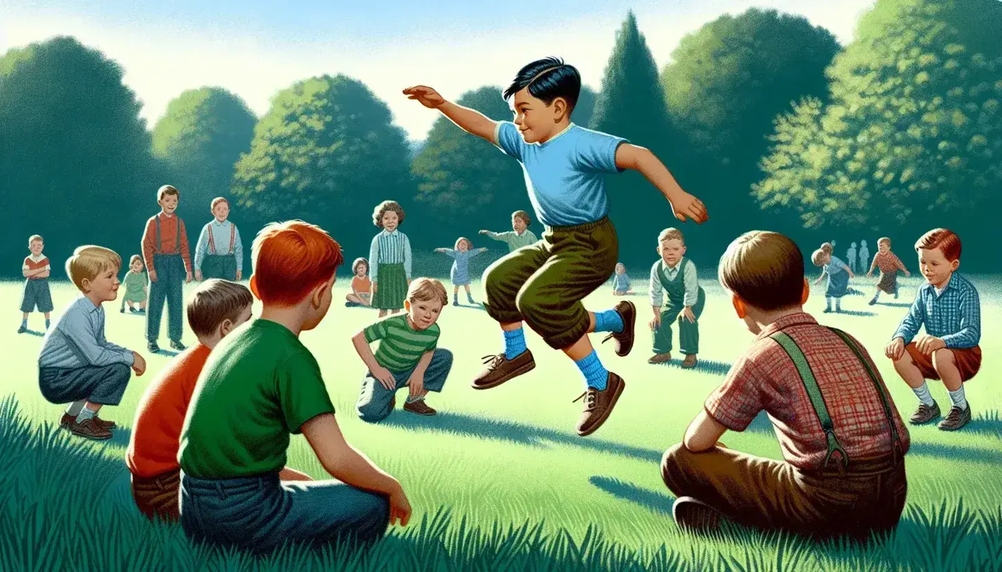 Niños jugando en un parque, uno saltando en el aire con brazos extendidos, otro agachado listo para saltar y un tercero girando sobre el césped verde.