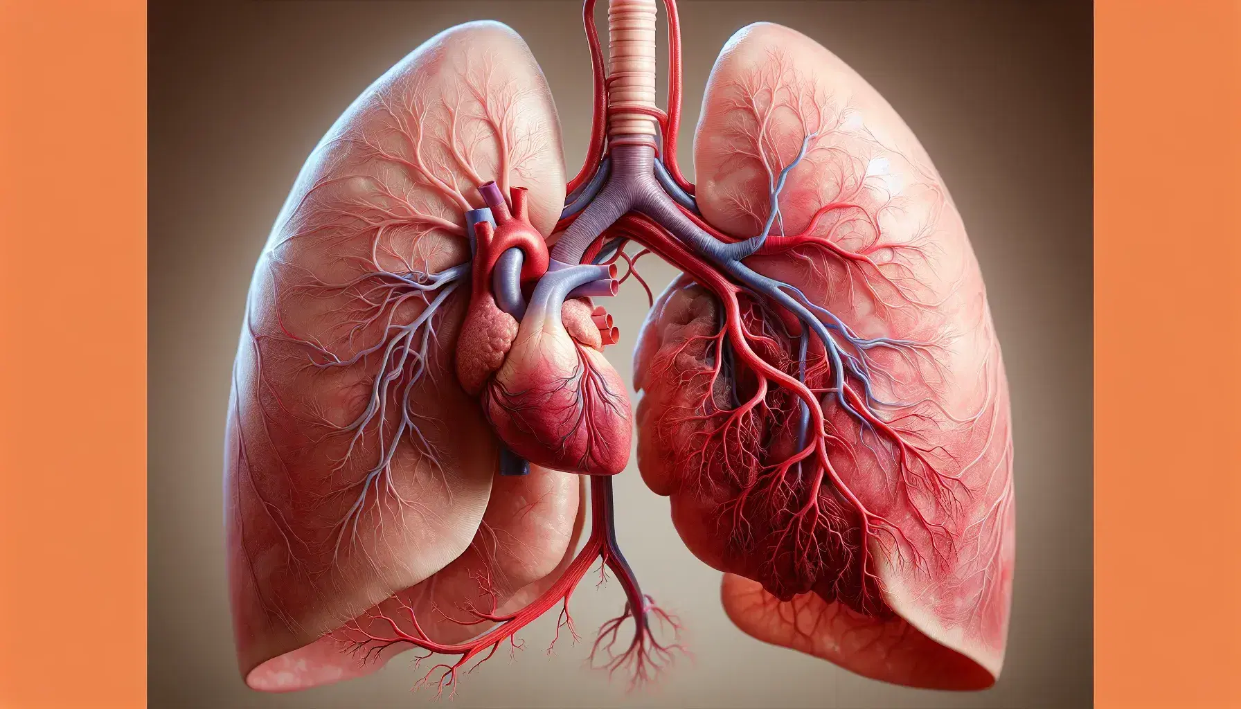 Vista anatómica detallada del sistema respiratorio y cardiovascular humano con pulmones, corazón, arterias y venas en tonos de rosa y rojo.