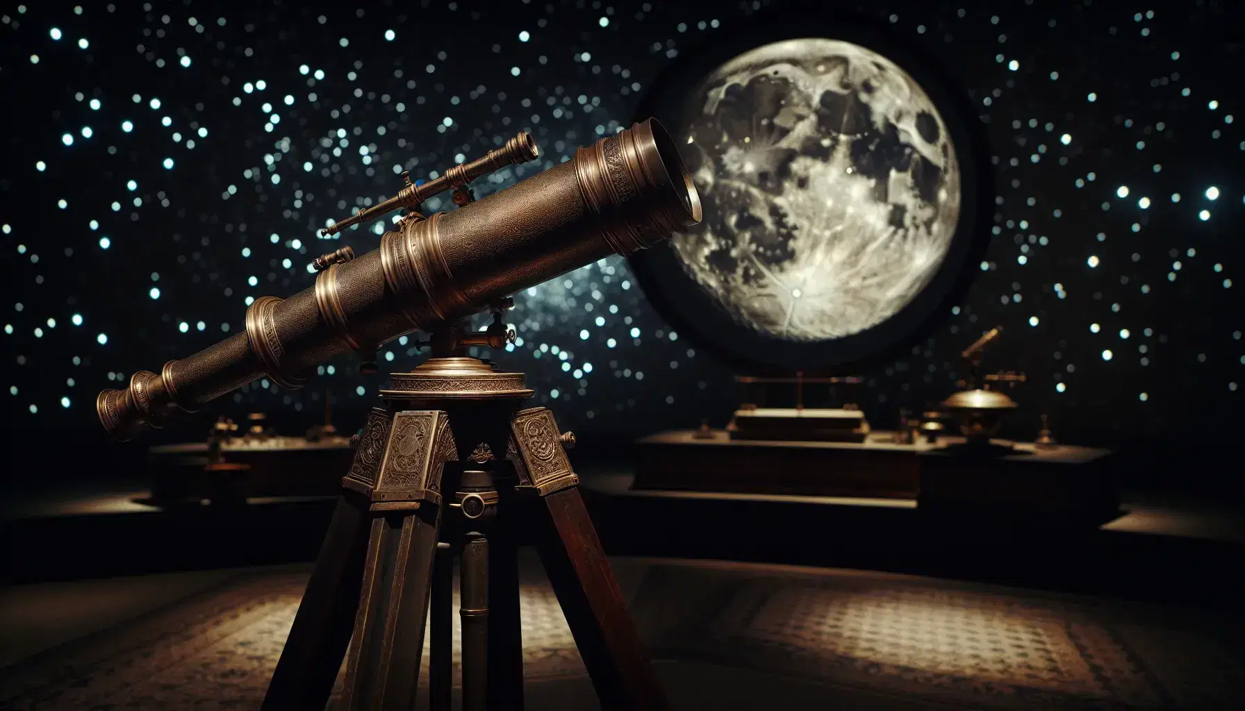 Telescopio antico in bronzo su treppiede di legno con cielo notturno stellato e luna piena dettagliata in evidenza.
