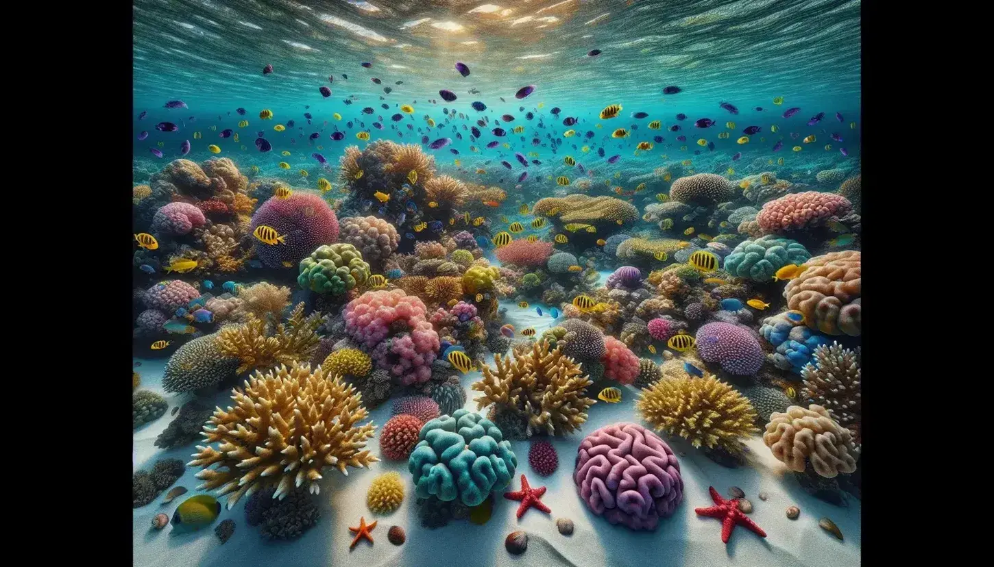 Arrecife de coral submarino con corales coloridos y peces tropicales entre estrellas de mar rojas y conchas sobre arena blanca.