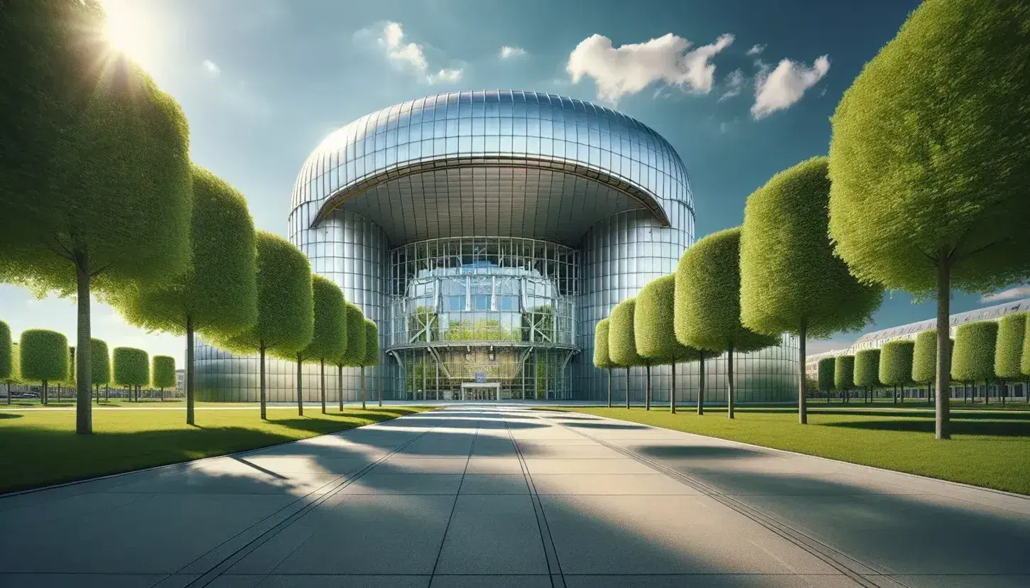 European Court of Human Rights building in Strasbourg with a modern semi-circular design, glass facade, and surrounding greenery on a sunny day.