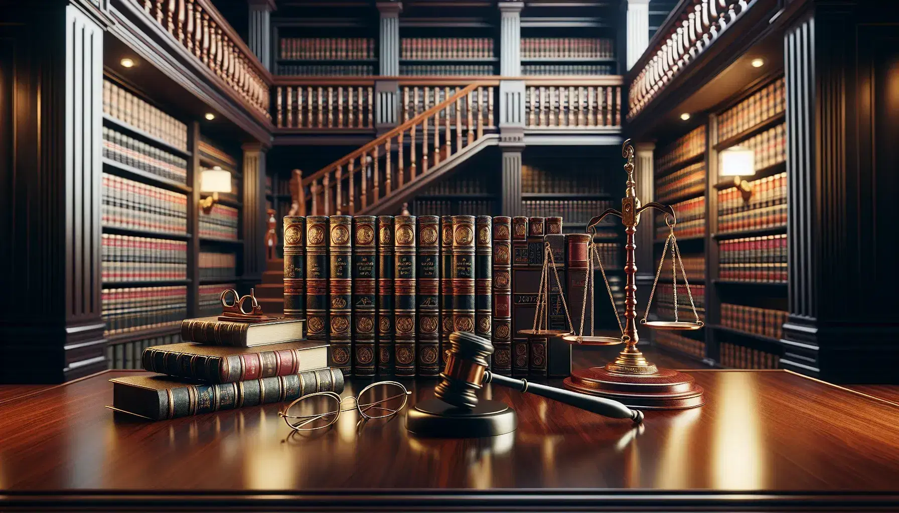 Biblioteca clásica con estanterías de madera oscura llenas de libros encuadernados en cuero, balanza de justicia, mazo y gafas sobre mesa pulida.