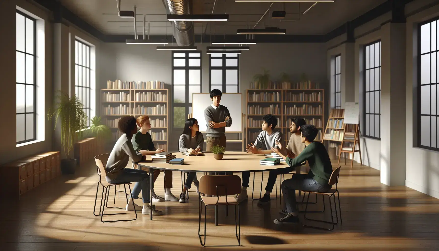 Aula luminosa con estudiantes diversos sentados en mesa redonda discutiendo activamente, profesor de pie al fondo y estantería con libros.