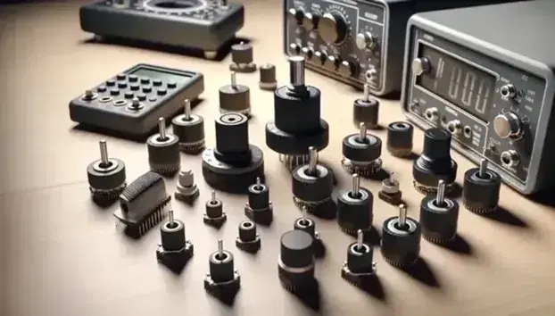 Potenziometri in carbonio su banco da lavoro in legno chiaro, con strumenti elettronici sfocati sullo sfondo e illuminazione riflessa sui dettagli metallici.
