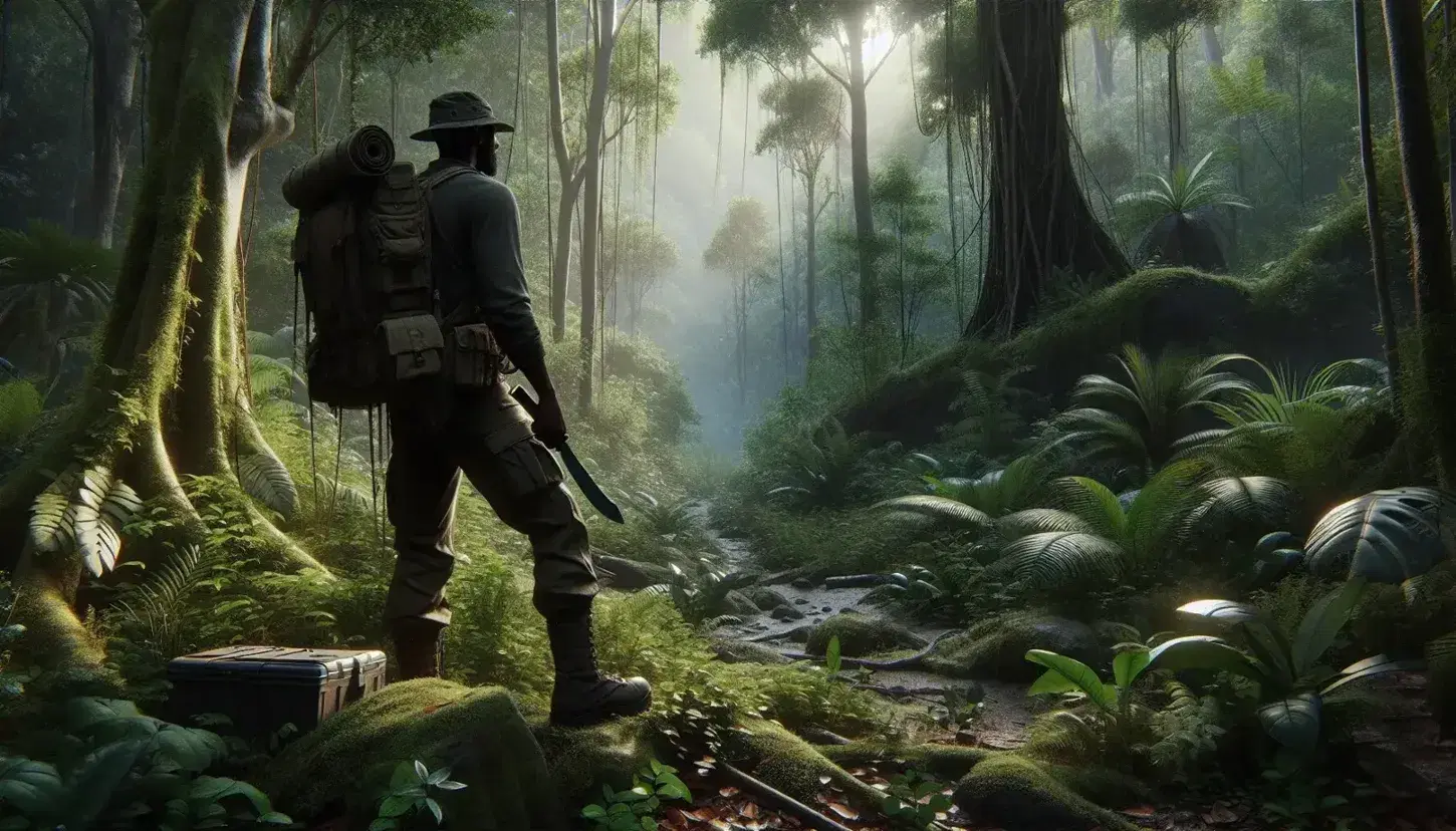 Explorador de ascendencia africana con machete y mochila en selva densa, rodeado de árboles altos y vegetación variada bajo luz solar filtrada.