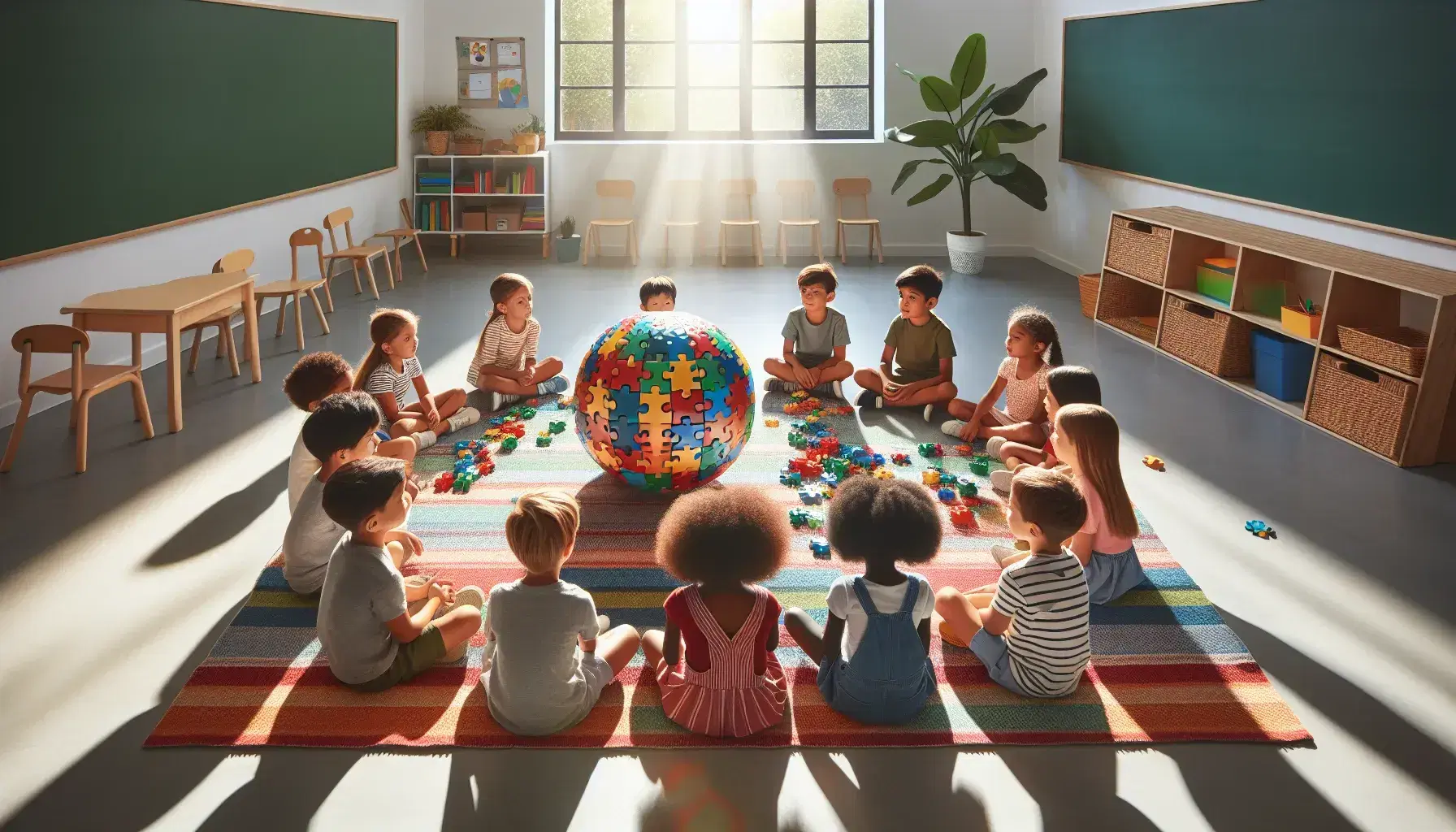 Bambini di diverse etnie concentrati a completare un puzzle sferico colorato in una luminosa aula scolastica con luce naturale.