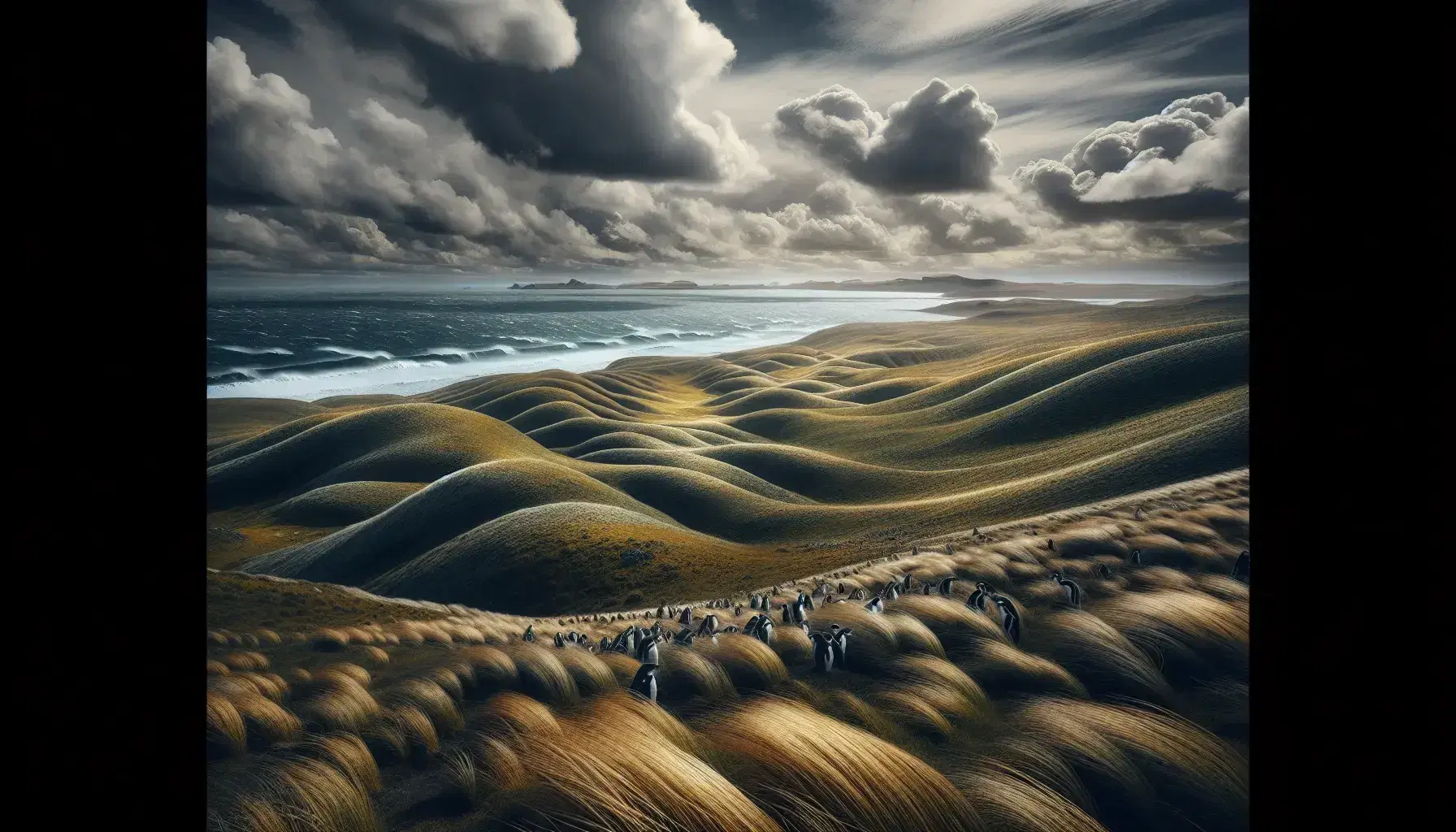 Windswept Falkland Islands landscape with rolling hills, tussock grass, a huddle of penguins, and the South Atlantic Ocean under a dynamic sky.