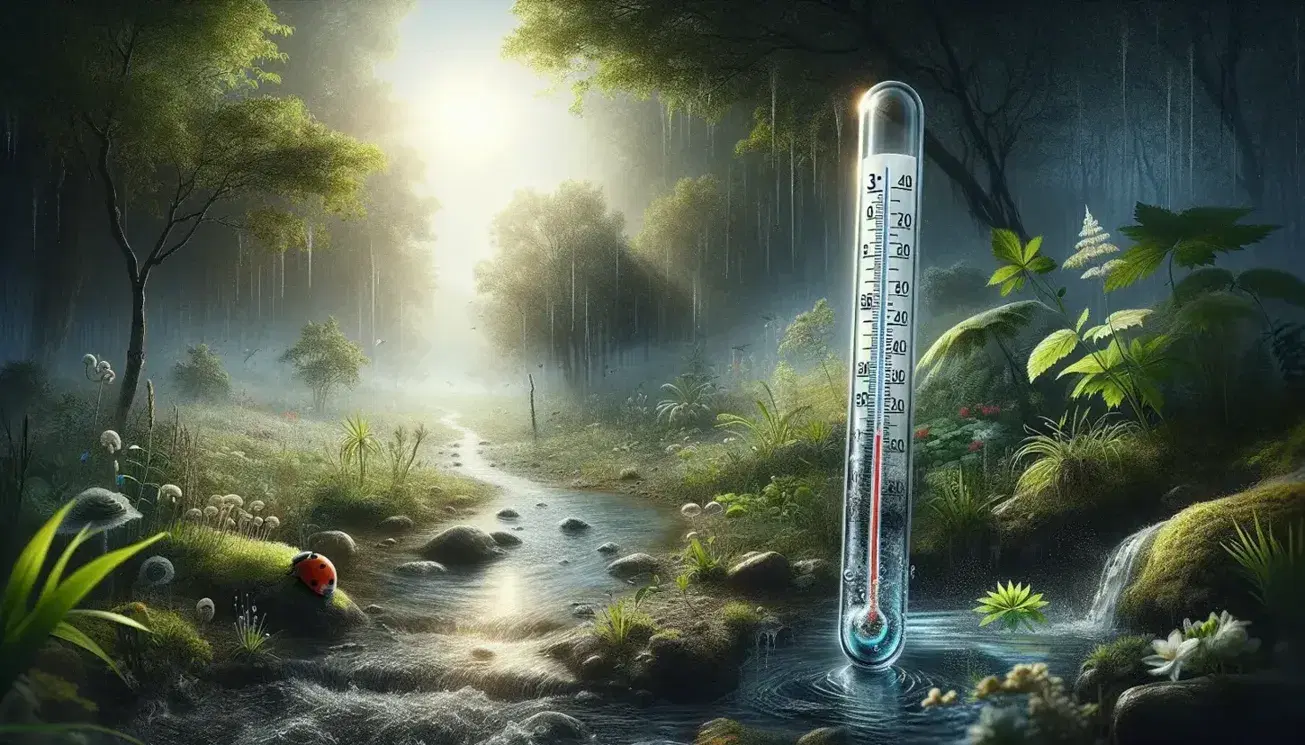 Termometro a mercurio con scala graduata in primo piano e sfondo naturale con piante verdi, ruscello tra le rocce e raggio di sole tra le foglie.