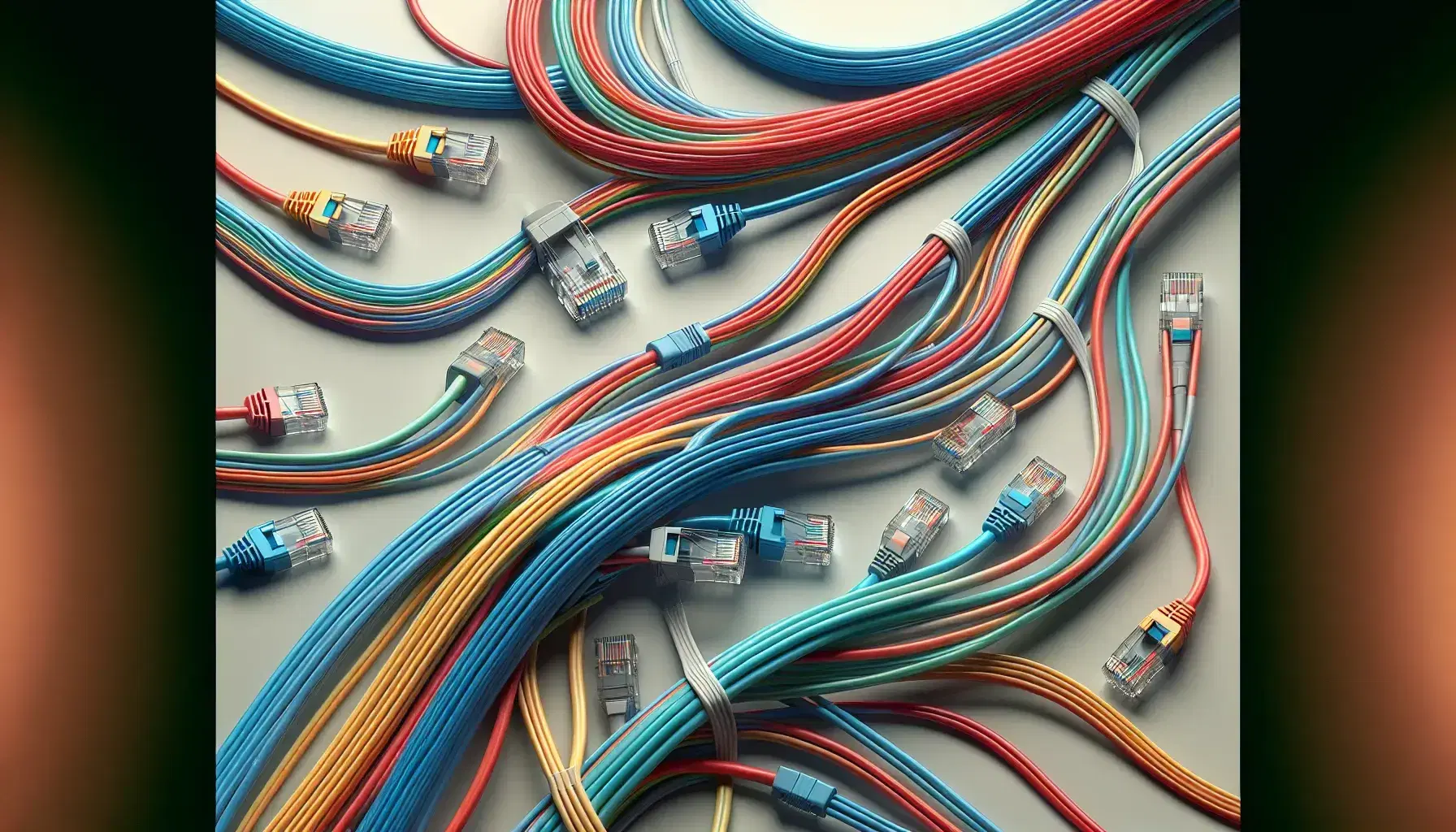 Cavi di rete colorati con connettori RJ45 riflettenti su sfondo grigio, disposti in un pattern ordinato e intricato.