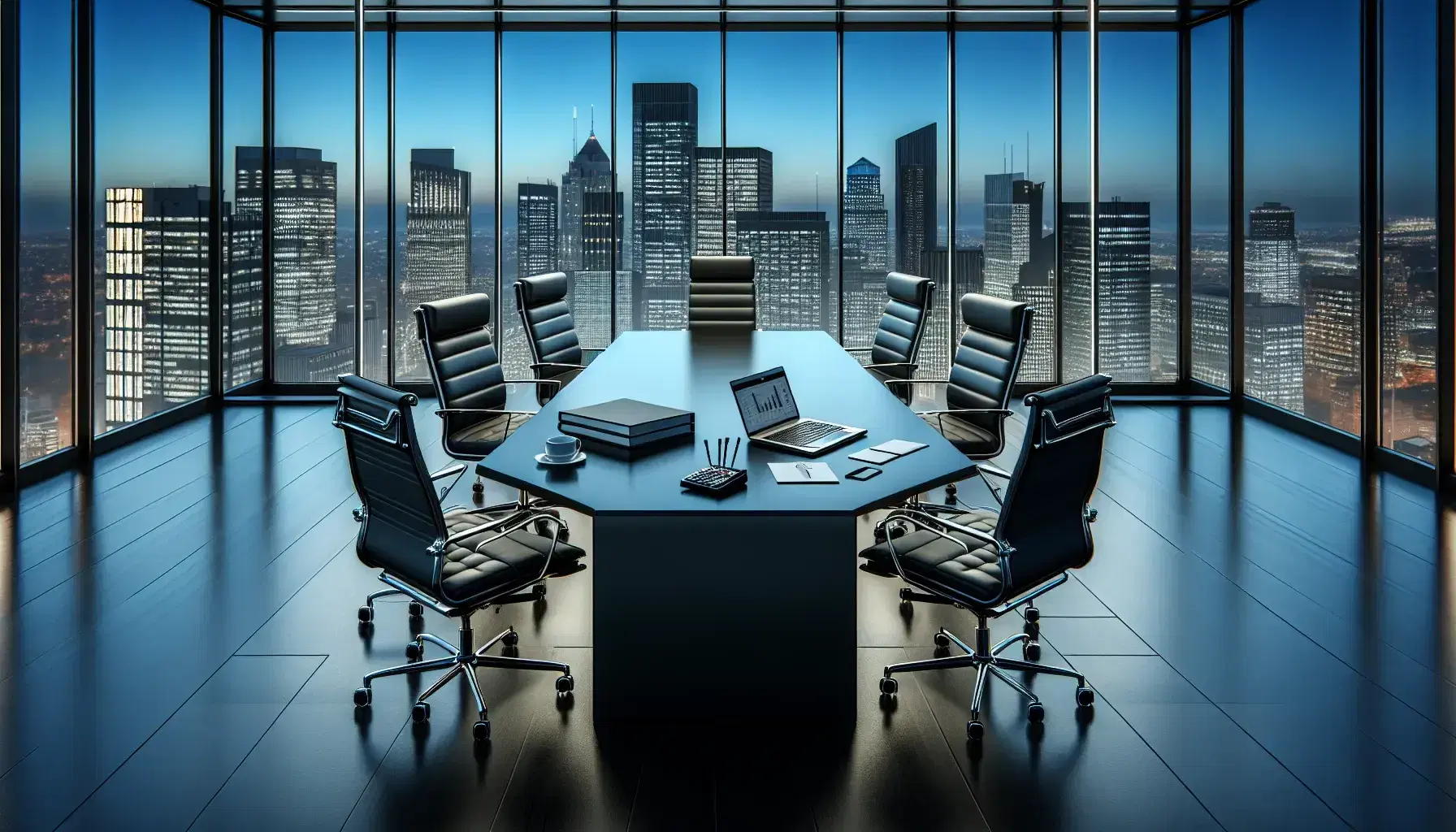 Modern office with a large dark wood conference table, black leather chairs, laptop, calculator, and papers, overlooking a cityscape through a floor-to-ceiling window.