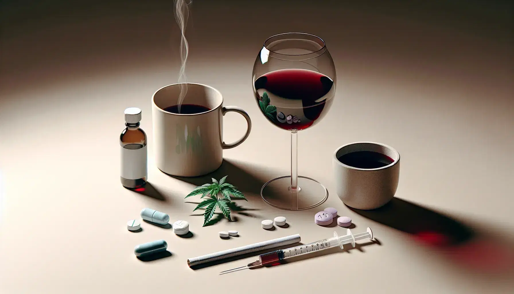 Copa de vino tinto a medio llenar, cigarrillo sin encender, botella de pastillas derramadas, taza con café humeante, jeringa vacía y planta de cannabis en maceta terracota.