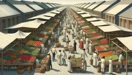 Mercado al aire libre con puestos de madera y techos de lona coloridos, vendedores ofreciendo productos agrícolas frescos y compradores paseando por un camino empedrado en un día soleado.
