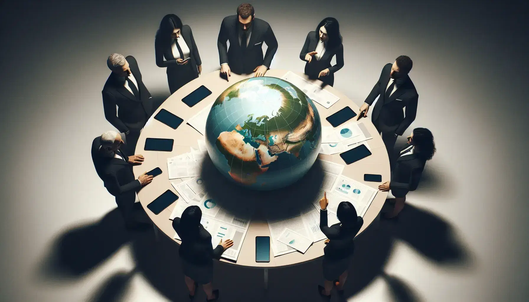 Grupo de profesionales en reunión de trabajo alrededor de una mesa con un globo terráqueo, papeles y dispositivos electrónicos.