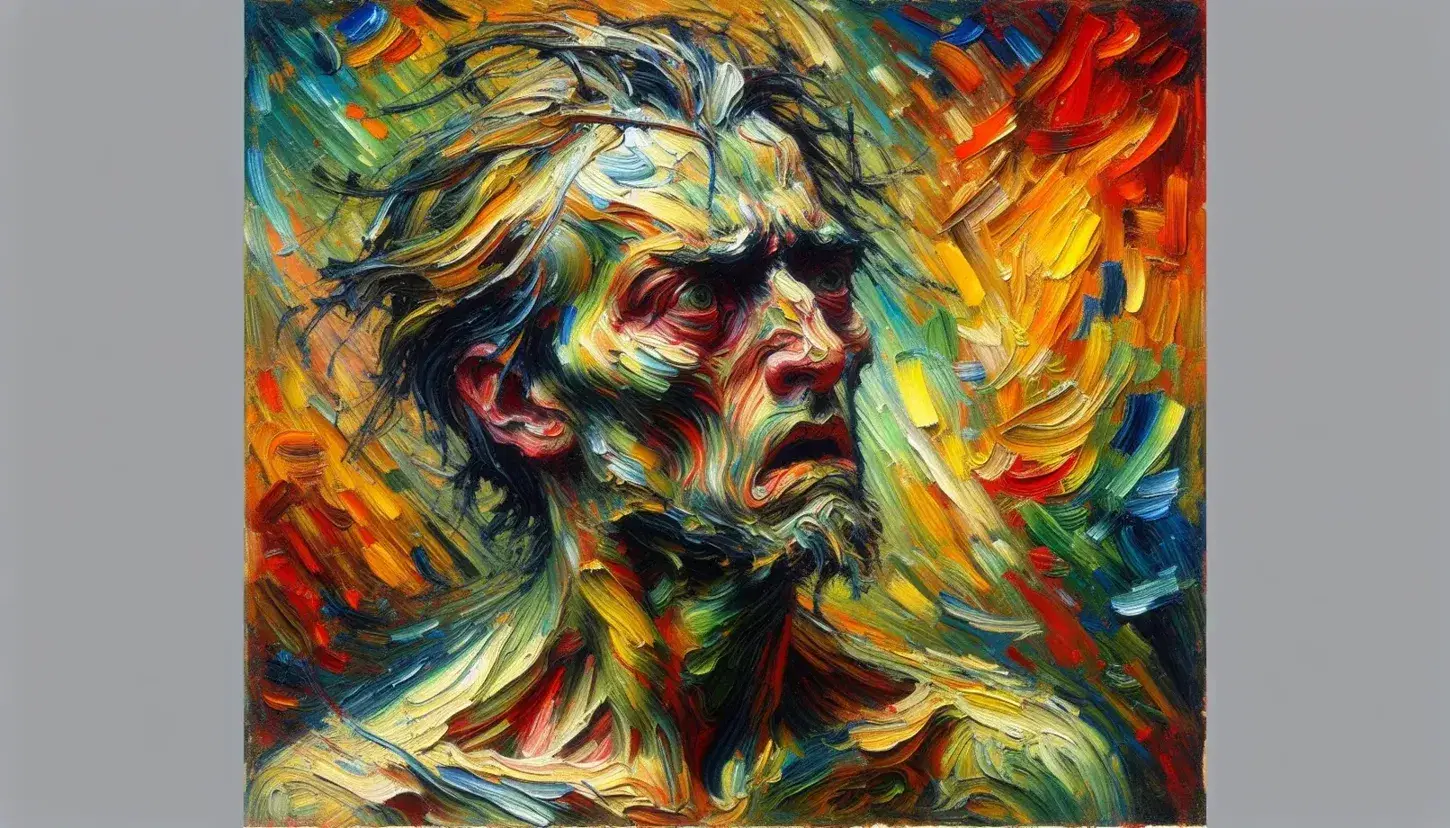 Uomo con espressione angosciata in dipinto espressionista, con pennellate vigorose e colori vivaci, sfondo astratto.