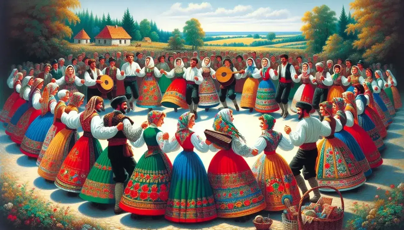 Gruppo multietà in abiti tradizionali colorati danza in cerchio all'aperto, con musicista anziano al centro e paesaggio rurale sullo sfondo.