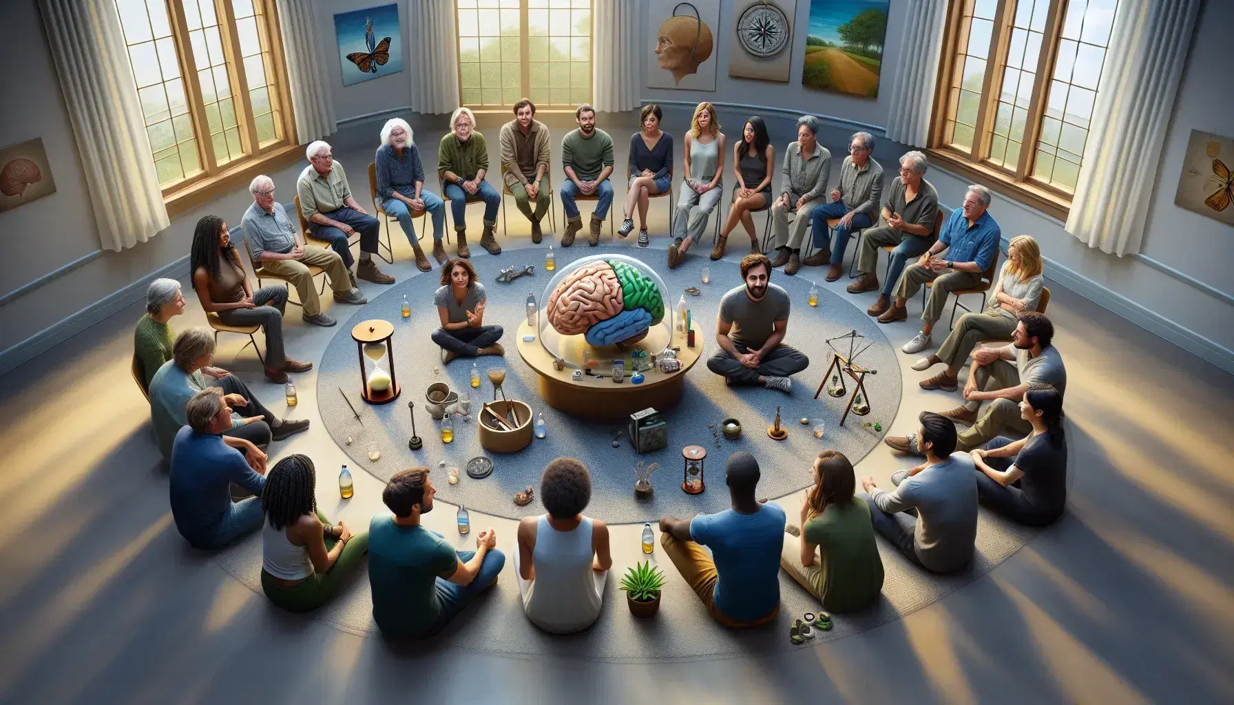 Grupo diverso de personas en círculo discutiendo con objetos como un reloj de arena, brújula, modelo de cerebro y planta en el centro, en ambiente iluminado y acogedor.