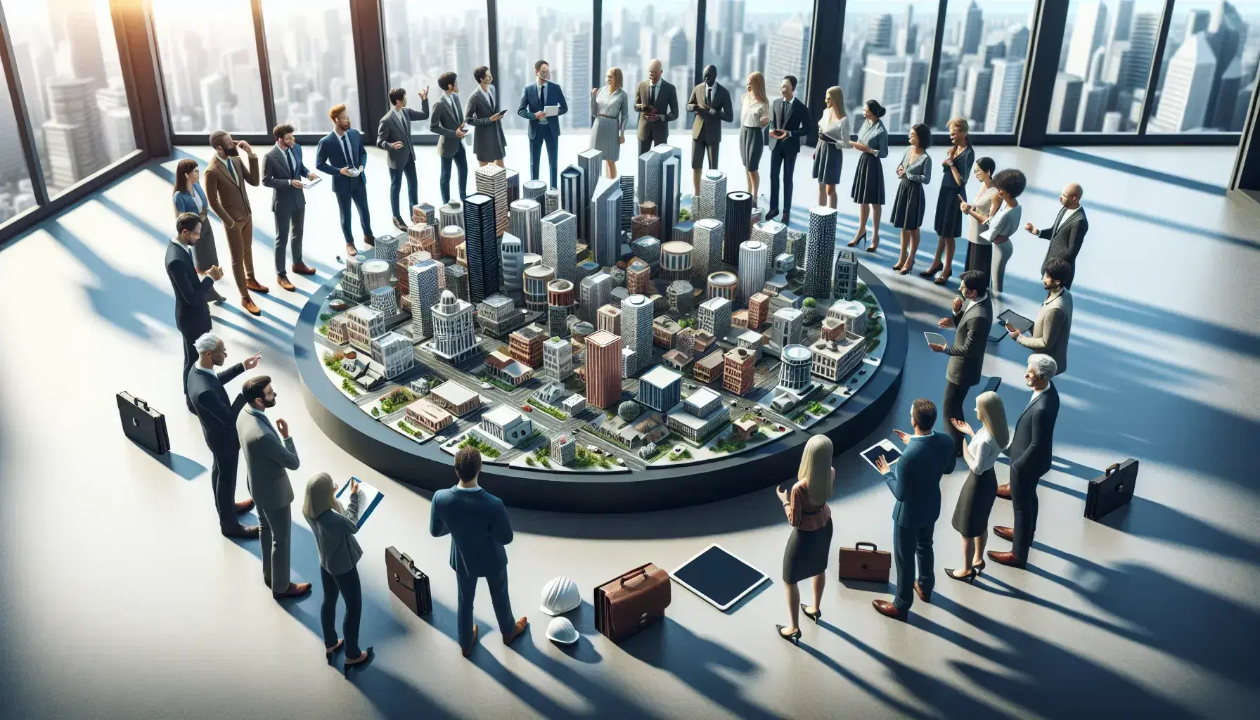 Grupo diverso de personas discutiendo un proyecto urbanístico alrededor de una maqueta de ciudad con edificios y espacios verdes sobre una mesa.