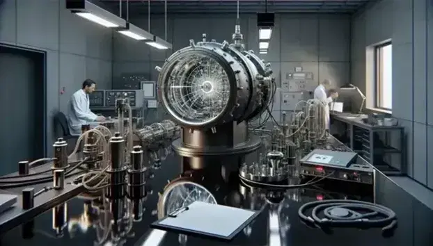 Contemporary physics laboratory with black table and cylindrical particle detector, scientists at work and soft lighting.
