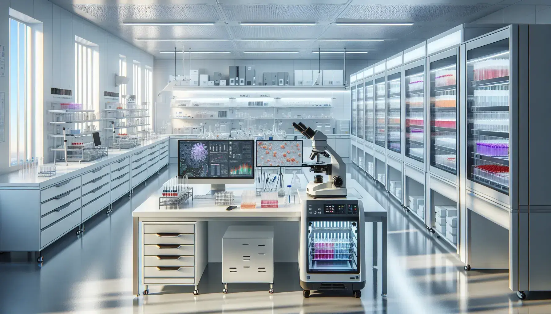Laboratorio di ricerca biologica moderno e luminoso con tavolo centrale attrezzato, microscopio elettronico, incubatrice per colture cellulari e computer.