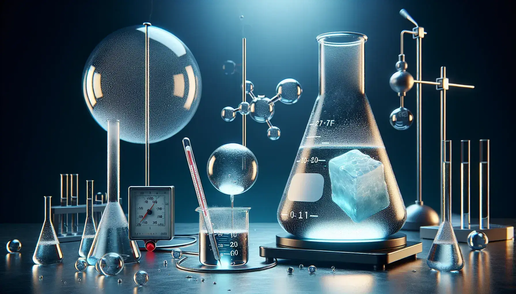 Laboratorio científico con experimentación de estados de la materia, mostrando un Erlenmeyer con líquido hirviendo, termómetro, hielo derritiéndose y globo con gas.