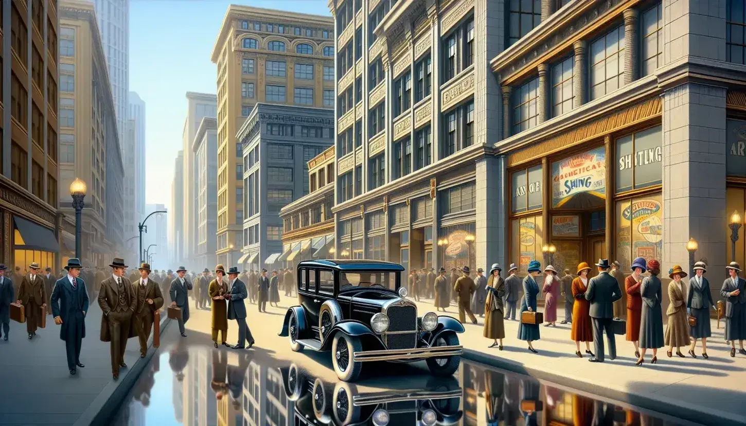 1920s city street with Art Deco buildings, vintage car, and elegantly dressed pedestrians near a campaign stand under a clear blue sky.