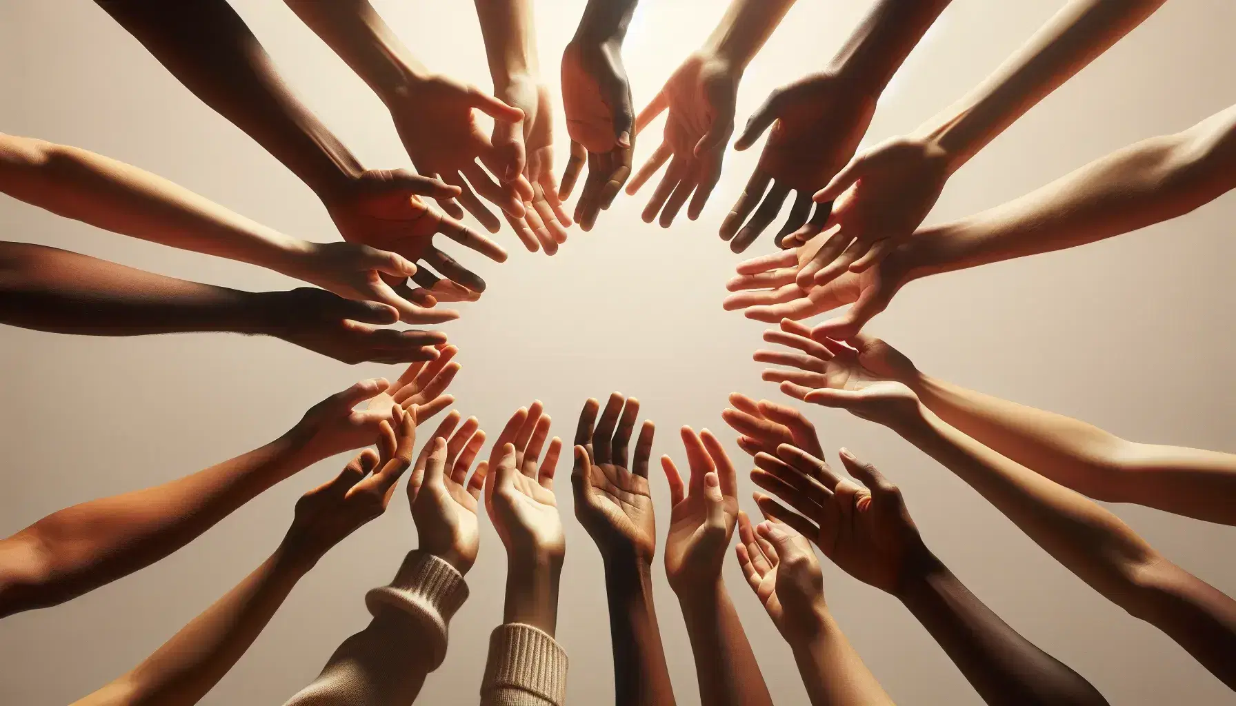 Mani di diverse tonalità di pelle si tendono in cerchio su sfondo neutro, simboleggiando solidarietà e supporto reciproco.