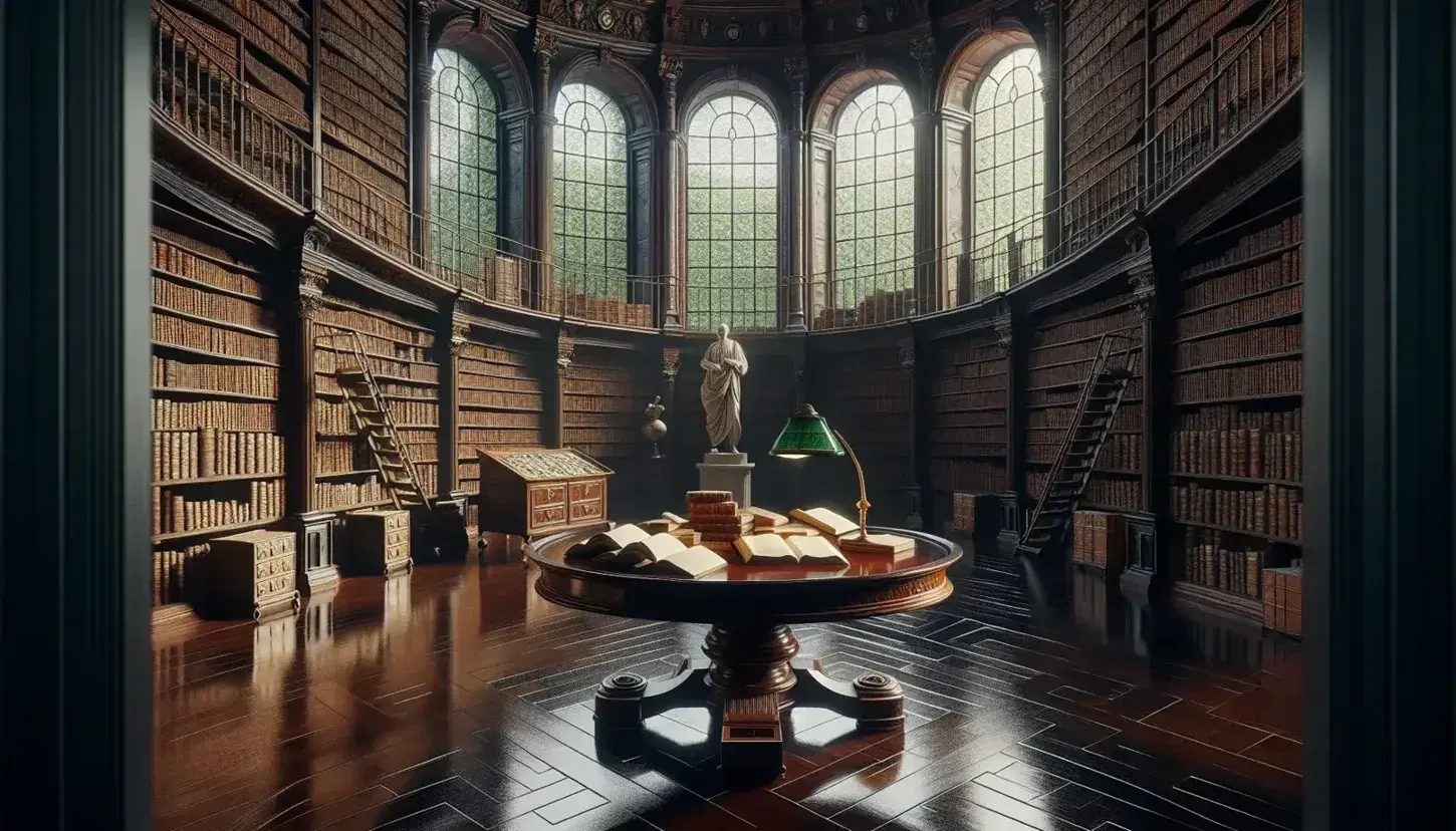 Biblioteca antica con scaffali in legno scuro pieni di libri rilegati, tavolo ovale centrale, lampada in ottone e statua marmorea in una stanza illuminata naturalmente.