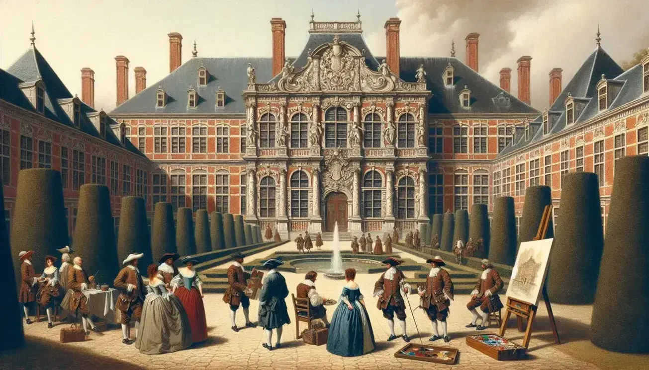 Baroque-style Stuart period palace with ornate facade, towering columns, and manicured garden with fountain, surrounded by people in period attire.