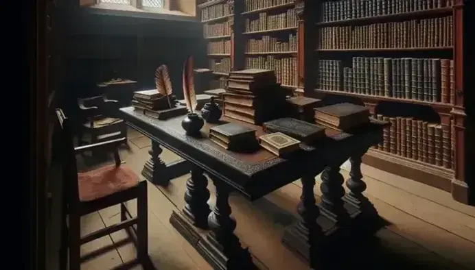 Biblioteca medieval con mesa de madera oscura y libros antiguos, tintero con pluma y estanterías repletas, junto a figura en túnica marrón y silla con cojín rojo.