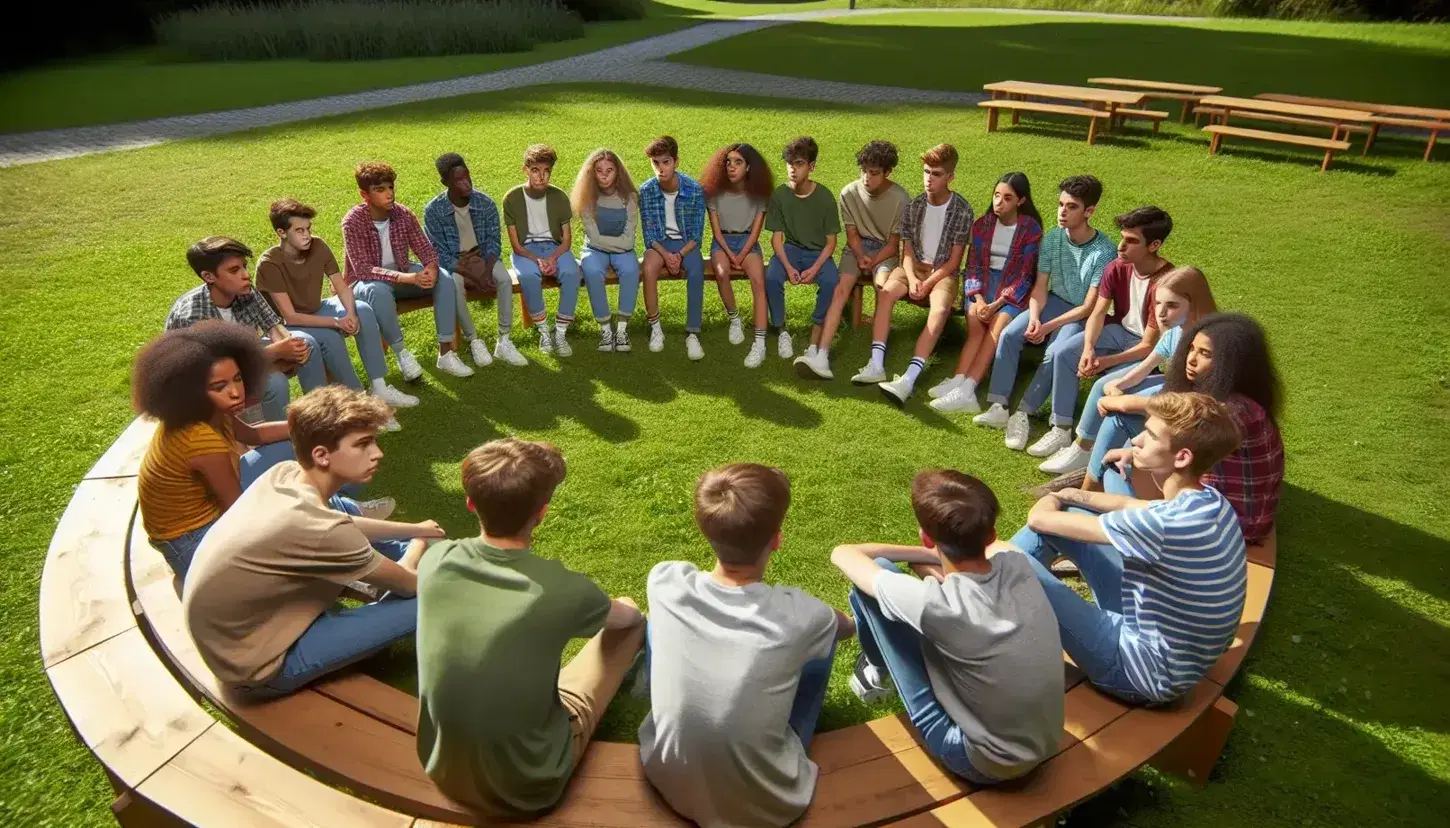 Gruppo di adolescenti multietnici seduti in cerchio su panchine di legno in un parco, ascoltando attenti in un'atmosfera di dialogo.
