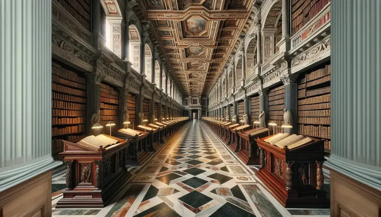 Interno della Biblioteca Medicea Laurenziana con corridoio centrale, banchi in legno, scaffali con libri antichi e soffitto affrescato.