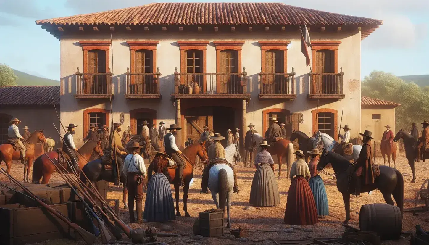 Escena histórica al aire libre con personas en vestimenta colonial del siglo XIX, caballos y una hacienda de fondo, bajo un cielo despejado.
