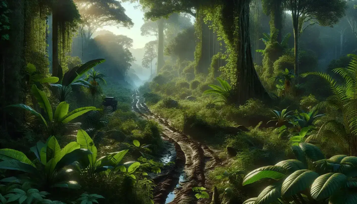 Dawn breaks over a dense jungle with a winding trail, lush greenery, and towering trees under a misty, sunlit sky.