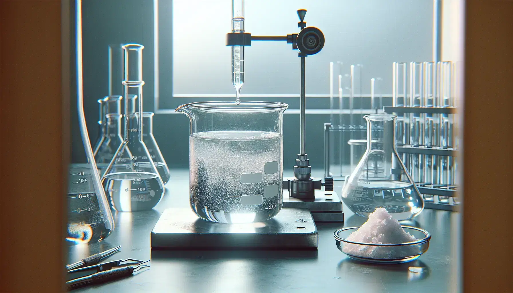 Laboratory with beaker and pale pink liquid, burette with colorless liquid and white crystalline powder on weighing paper.