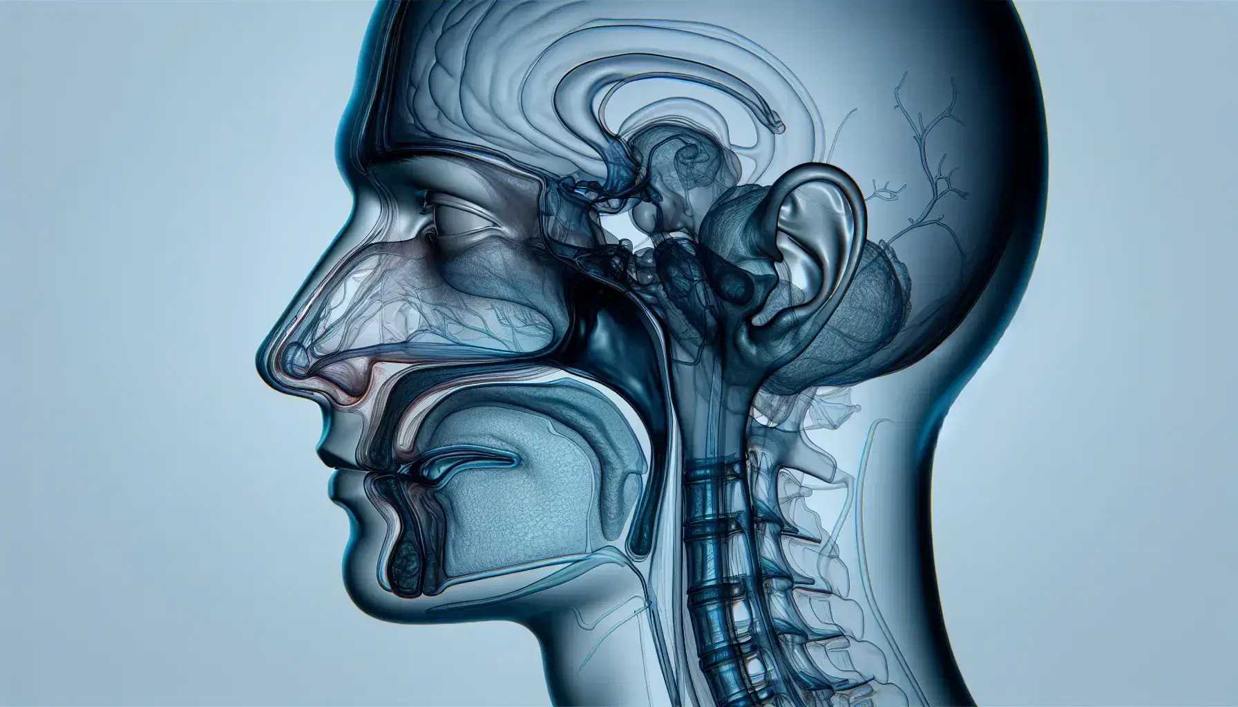 Vista lateral de una cabeza humana transparente en tonos azules y grises mostrando la cavidad nasal, el septo nasal y los senos paranasales.