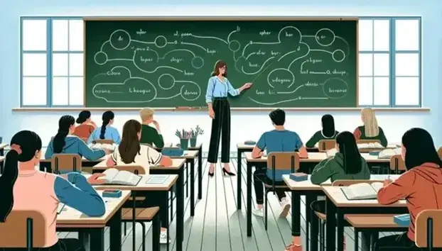 Insegnante spiega analisi grammaticale alla lavagna in aula scolastica con studenti attenti, banchi in legno e pianta verde.