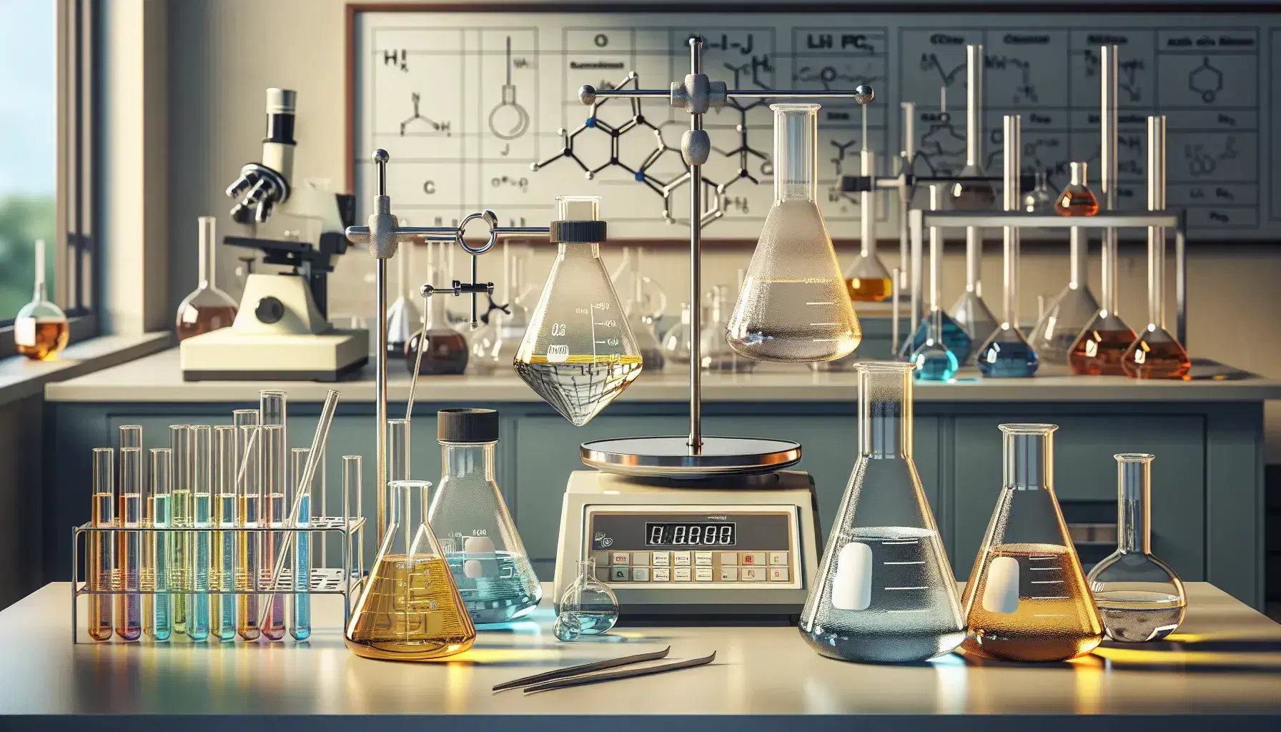 Laboratorio de química con matraces Erlenmeyer de líquidos coloridos, embudo de separación, balanza analítica y frascos de reactivos.