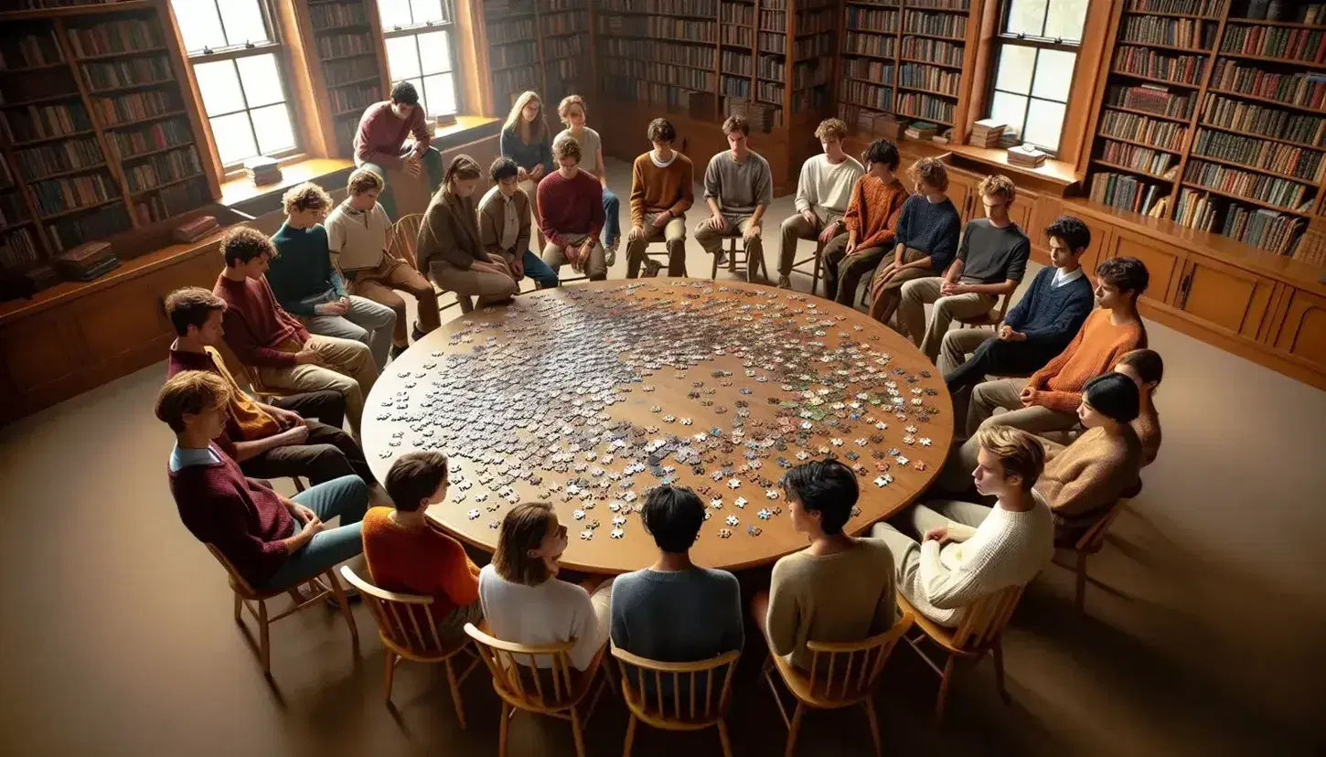 Estudiantes diversos concentrados armando rompecabezas en biblioteca iluminada naturalmente, con estantes llenos de libros y planta verde.