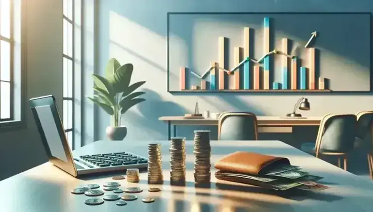 Ufficio fiscale moderno e luminoso con scrivania in legno, calcolatrice grigia, monete impilate, banconote in portafoglio, laptop con grafici e pianta verde.