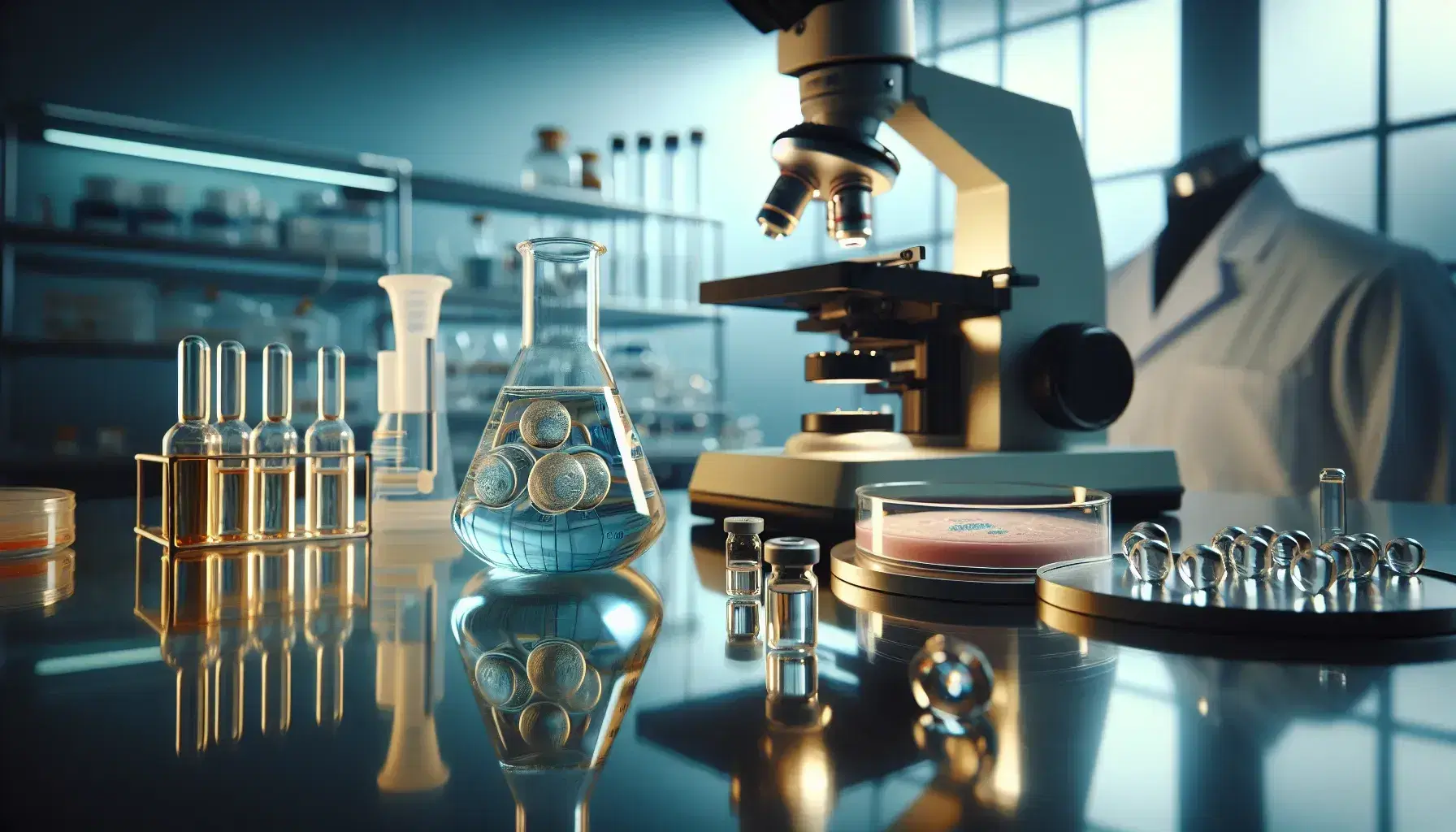 Laboratory setup with scientific equipment for hormone research, including a beaker with blue liquid, a pink-stained tissue sample, a microscope, and vials of colored liquids.
