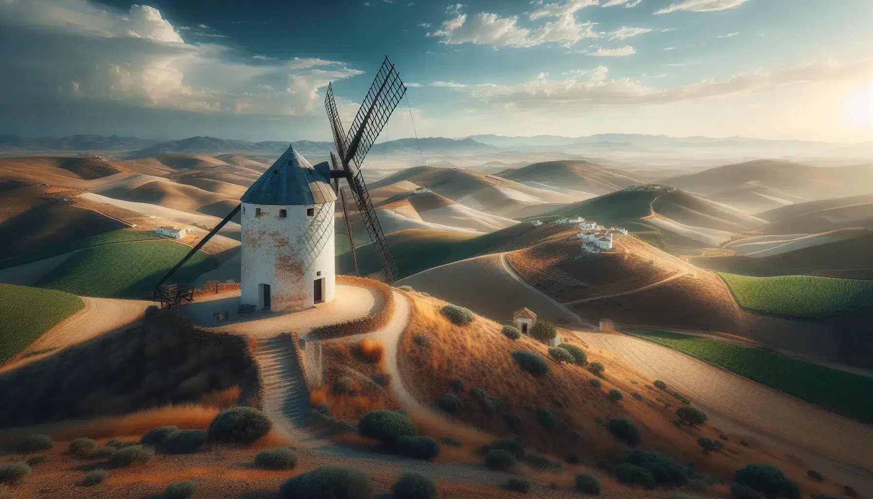 Panorama delle colline ondulate dell'Andalusia con antico mulino a vento bianco e tetto conico marrone sotto cielo azzurro con nuvole sparse.