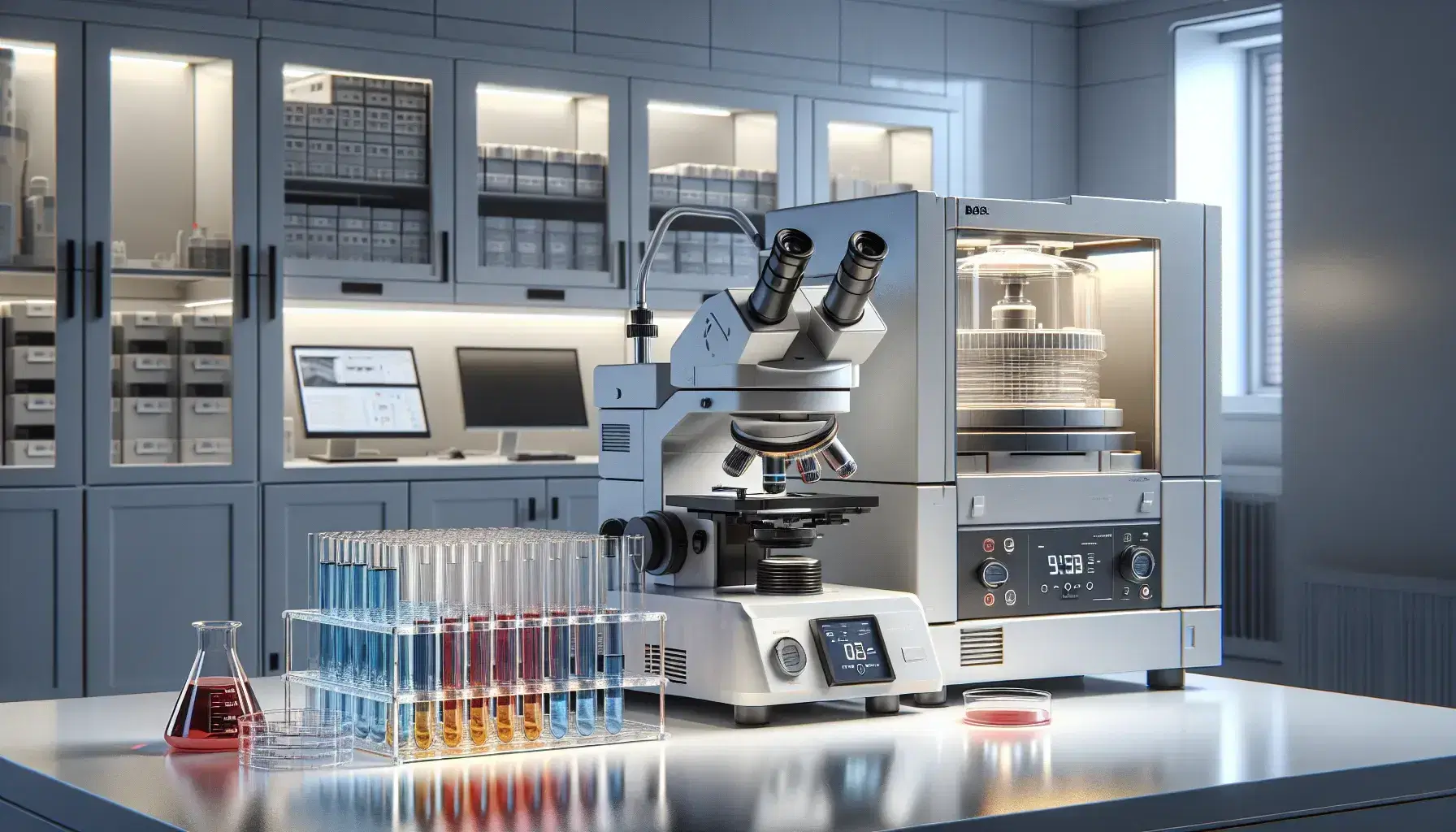Laboratorio scientifico moderno con microscopio elettronico, provette colorate, centrifuga e Petri con gelatina, illuminazione fluorescente.