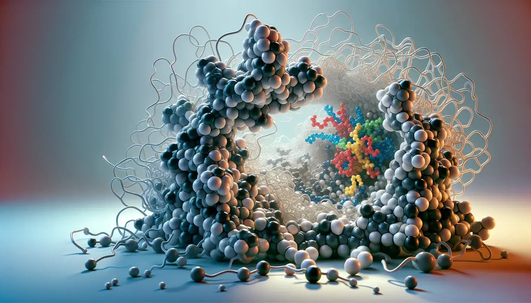 Three-dimensional molecular model of an enzyme-substance complex, with atoms colored by type and active site highlighted.