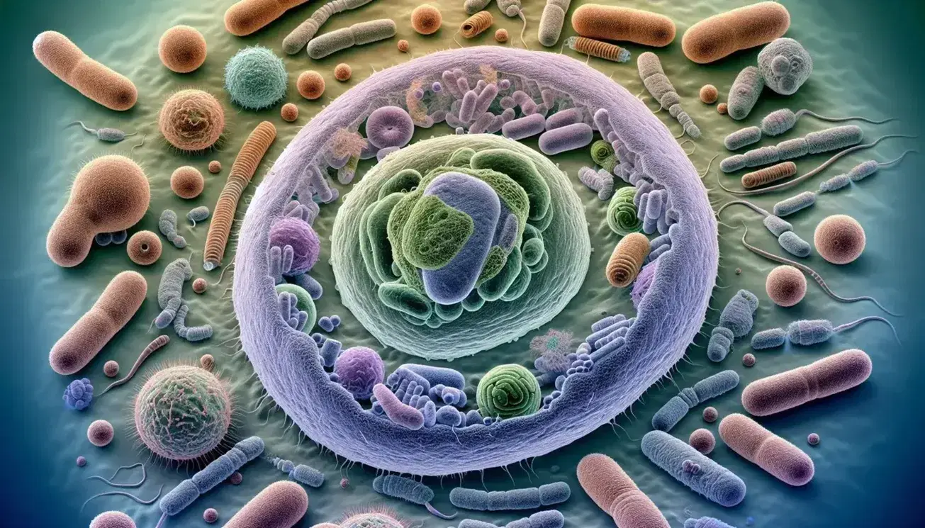 Célula eucariota ovalada con núcleo visible, rodeada de bacterias esféricas, en forma de varilla y espirales bajo microscopio, destacando la diversidad microbiana.