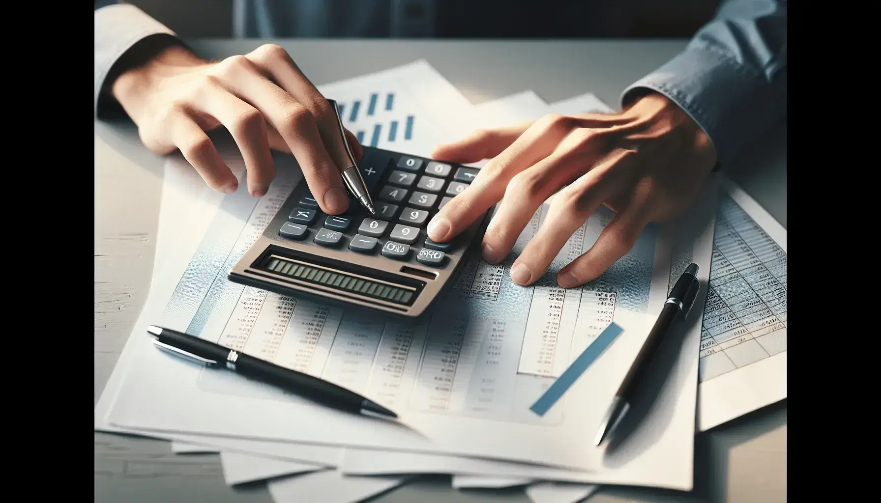 Close-up view of hands using a calculator above a desk with organized financial papers, parallel pens, and a glass of water with condensation.
