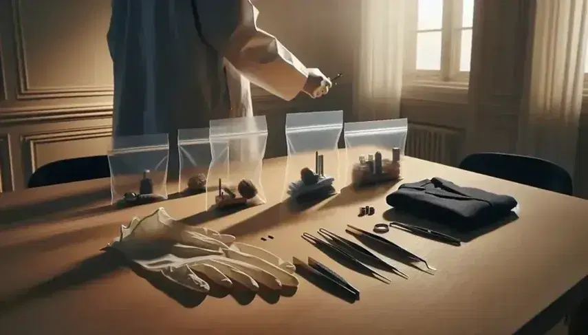 Mesa de trabajo de madera clara con bolsas de evidencia, guantes de látex y pinzas, y un forense examinando un objeto en un laboratorio iluminado suavemente.