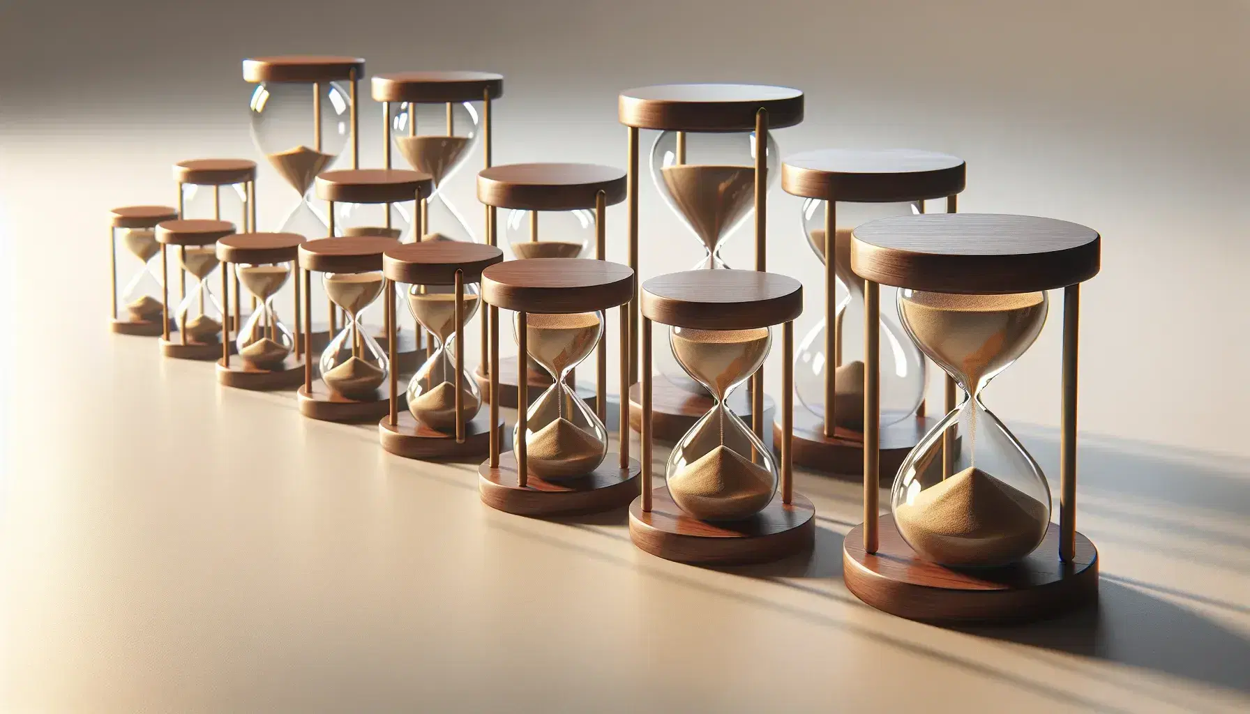 Colección de relojes de arena de madera con arena dorada en orden creciente sobre superficie lisa, proyectando sombras suaves.