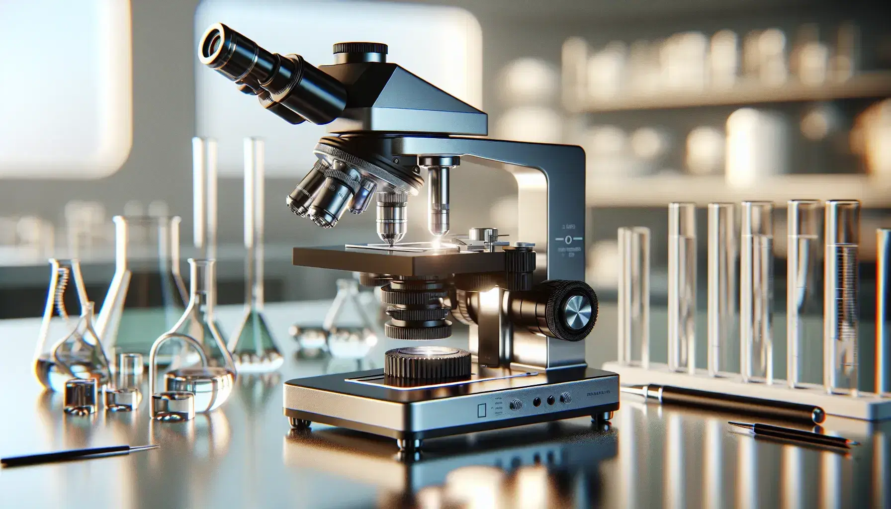 Microscopio ottico moderno nero e argento su tavolo da laboratorio con sfondo sfocato di provette e strumenti scientifici.