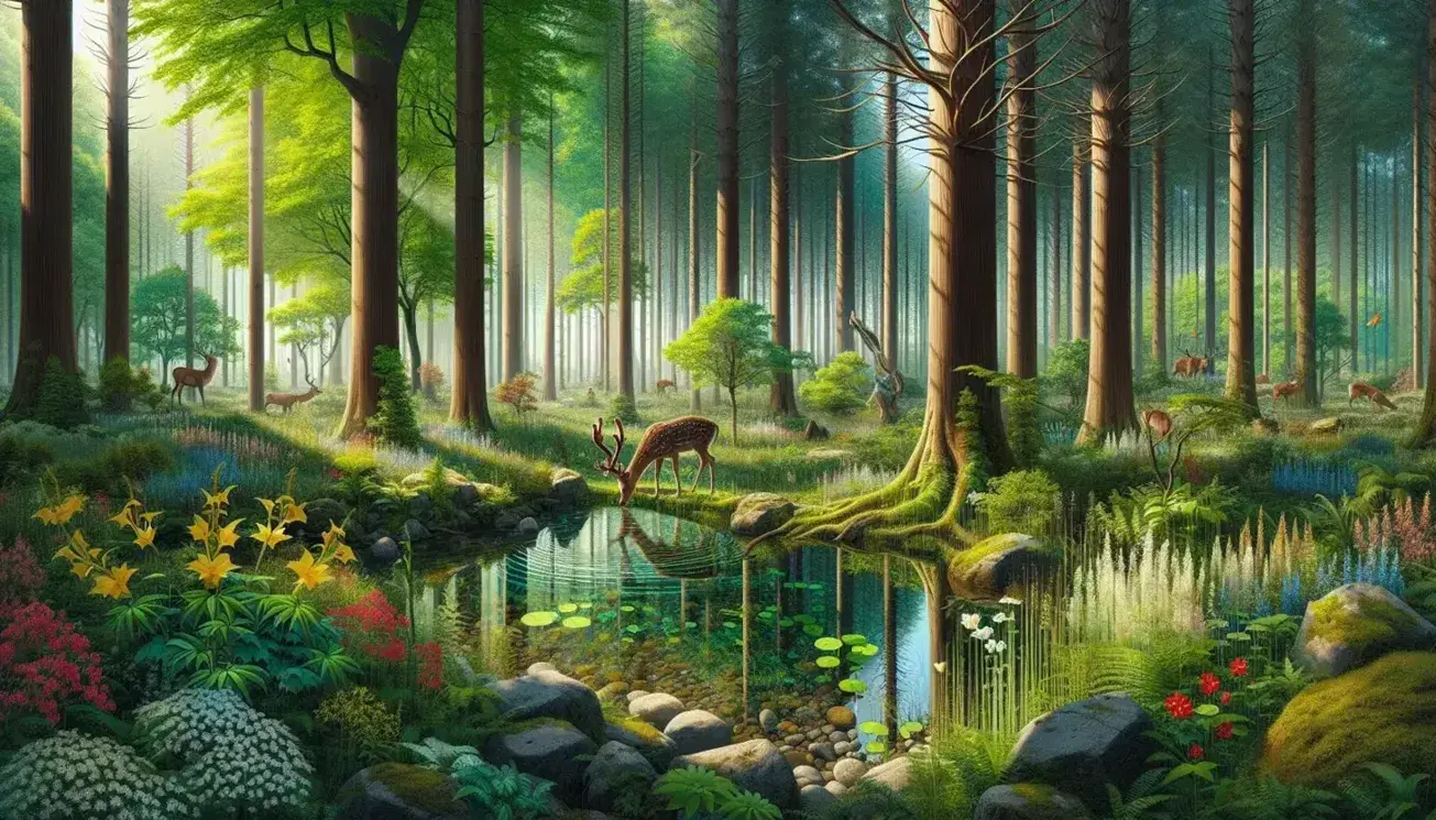 Bosque frondoso con estanque de agua clara rodeado de piedras, ciervo bebiendo agua y pájaro azul en rama, bajo cielo despejado.